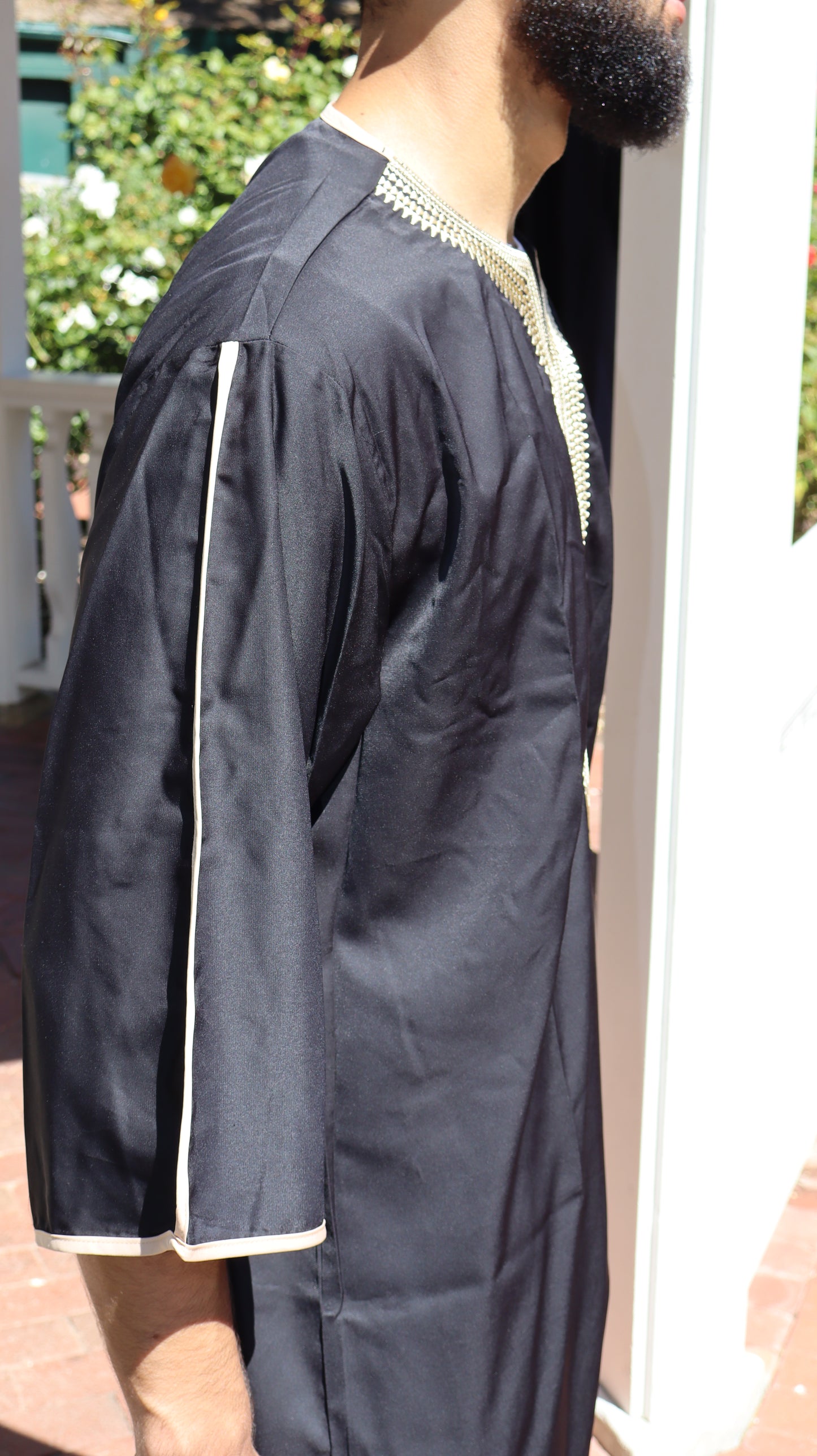 Luxury Moroccan Black Thobe with Yellow Embroidery – Premium Men’s Jubba for Eid, Jumu’ah, Nikah & Formal Islamic Wear