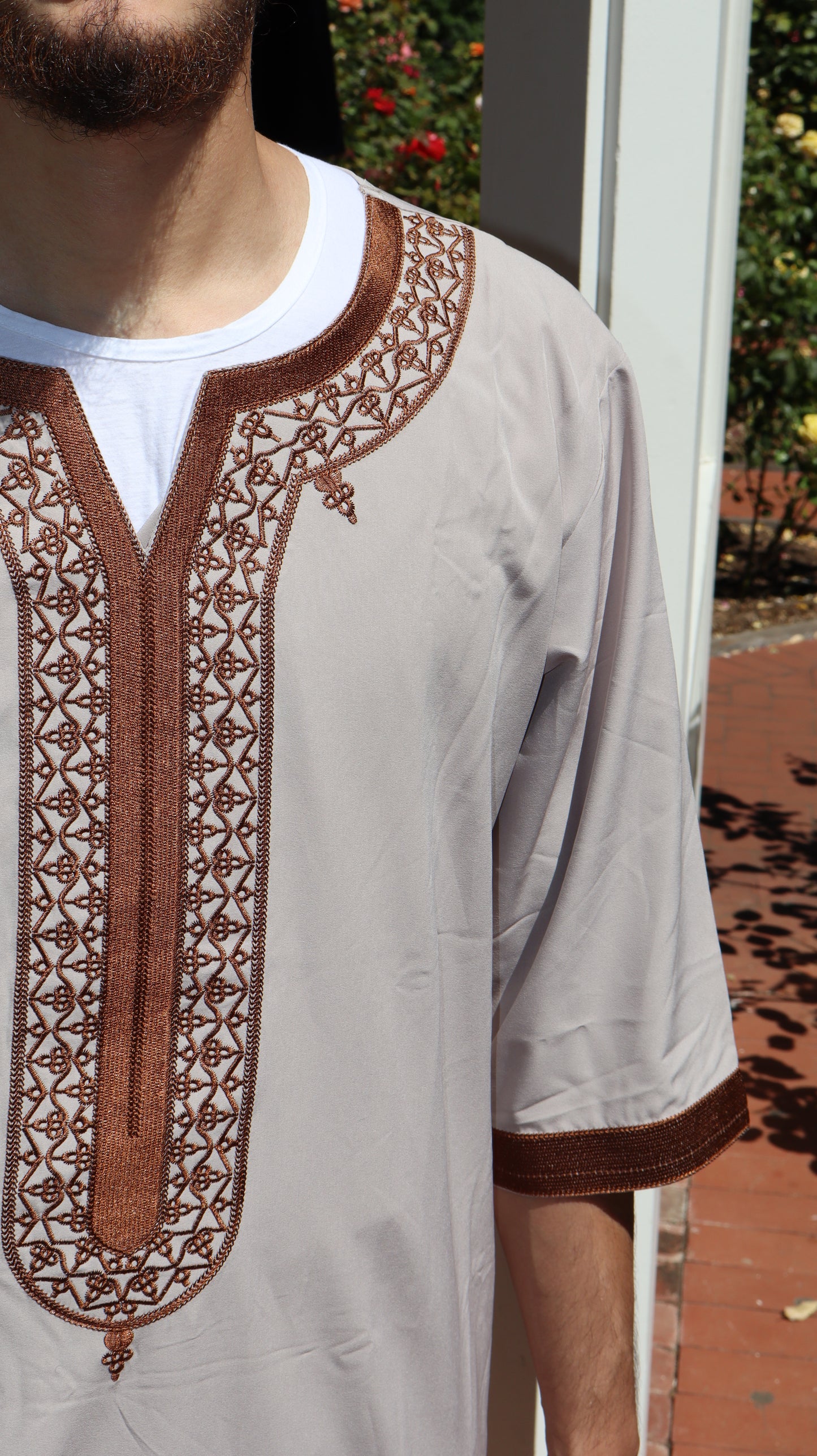 Stone Grey Moroccan Thobe with Brown Embroidery – Premium Men’s Jubba for Eid, Jumu’ah, Nikah & Formal Islamic Events | Sizes M, L, XL, XXL