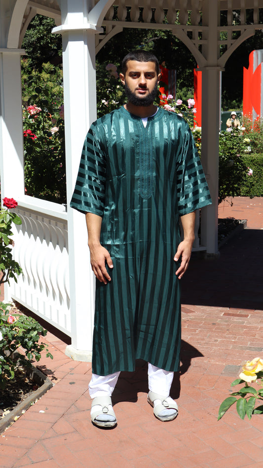 Luxury Moroccan Emerald Green Thobe for Men – Tonal Embroidered Jubba for Eid, Jumu’ah, Nikah, Formal Events & Islamic Wear