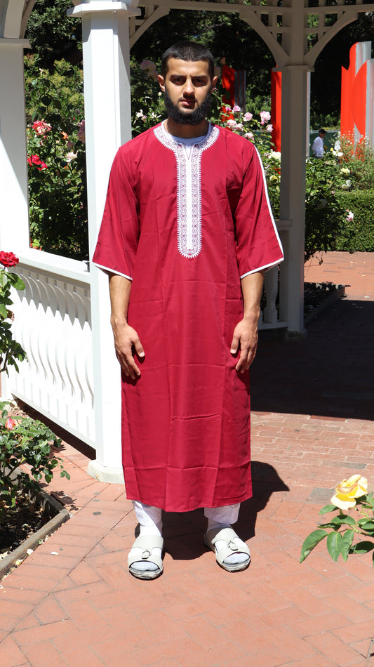 Luxury Moroccan Red Thobe with White Embroidery – Premium Jubba for Eid, Jumu’ah, Nikah, Formal Events | Men’s Modest Islamic Fashion