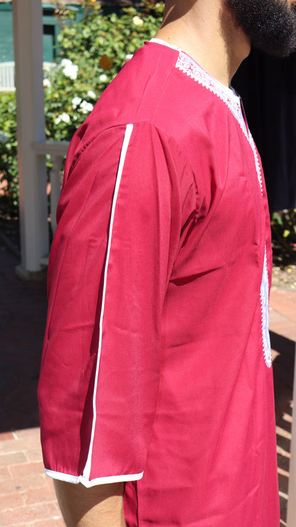 Luxury Moroccan Red Thobe with White Embroidery – Premium Jubba for Eid, Jumu’ah, Nikah, Formal Events | Men’s Modest Islamic Fashion