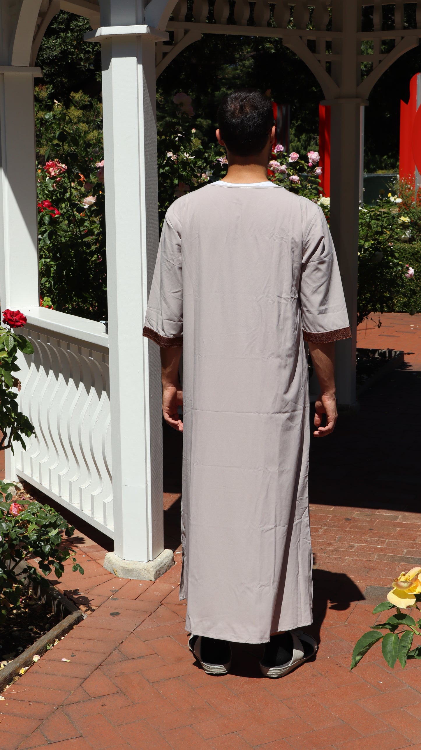 Stone Grey Moroccan Thobe with Brown Embroidery – Premium Men’s Jubba for Eid, Jumu’ah, Nikah & Formal Islamic Events | Sizes M, L, XL, XXL