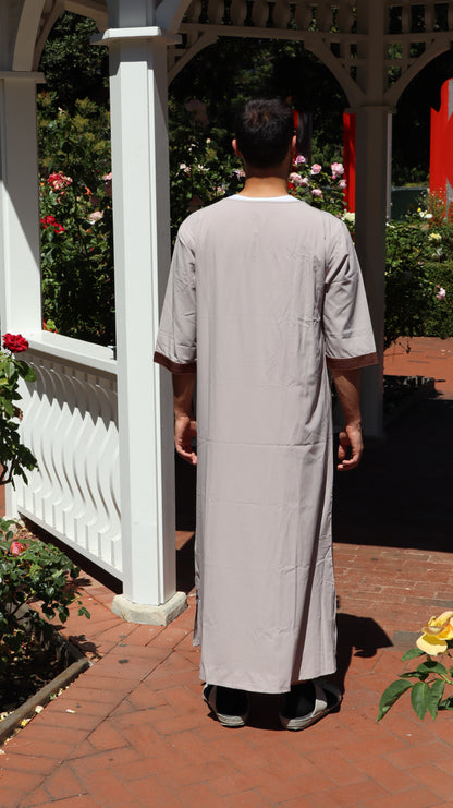 Stone Grey Moroccan Thobe with Brown Embroidery – Premium Men’s Jubba for Eid, Jumu’ah, Nikah & Formal Islamic Events | Sizes M, L, XL, XXL