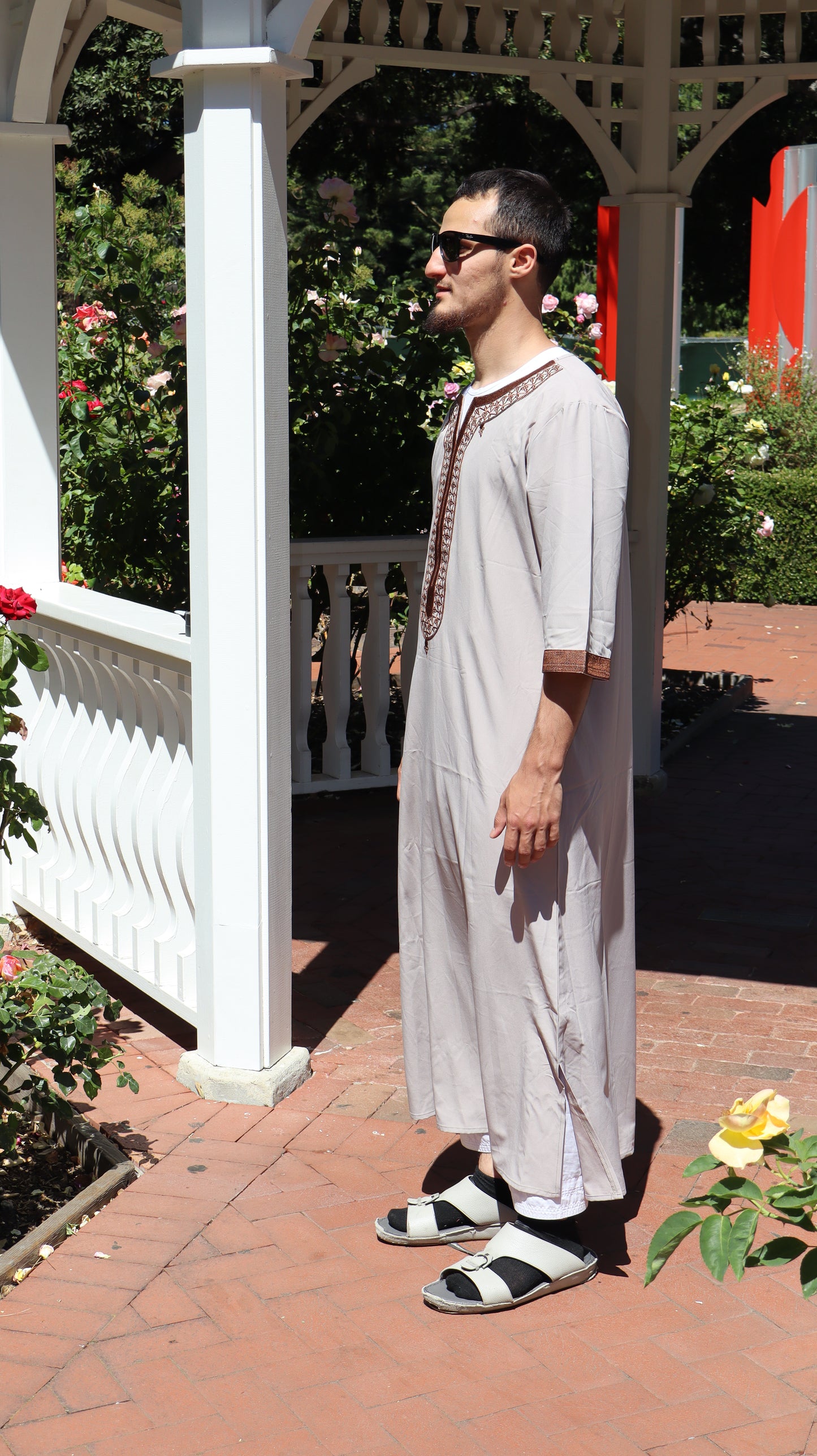 Stone Grey Moroccan Thobe with Brown Embroidery – Premium Men’s Jubba for Eid, Jumu’ah, Nikah & Formal Islamic Events | Sizes M, L, XL, XXL