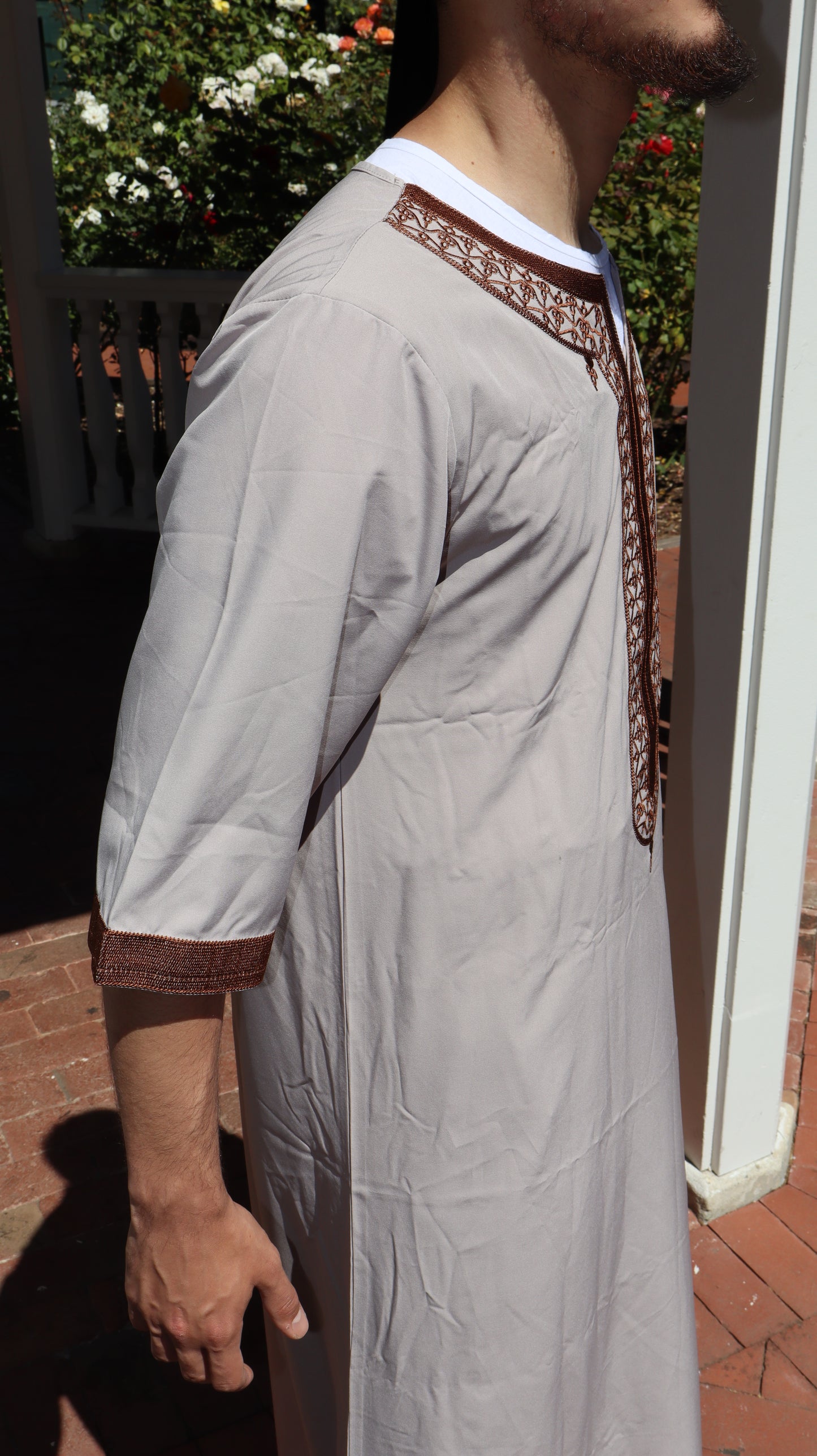 Stone Grey Moroccan Thobe with Brown Embroidery – Premium Men’s Jubba for Eid, Jumu’ah, Nikah & Formal Islamic Events | Sizes M, L, XL, XXL