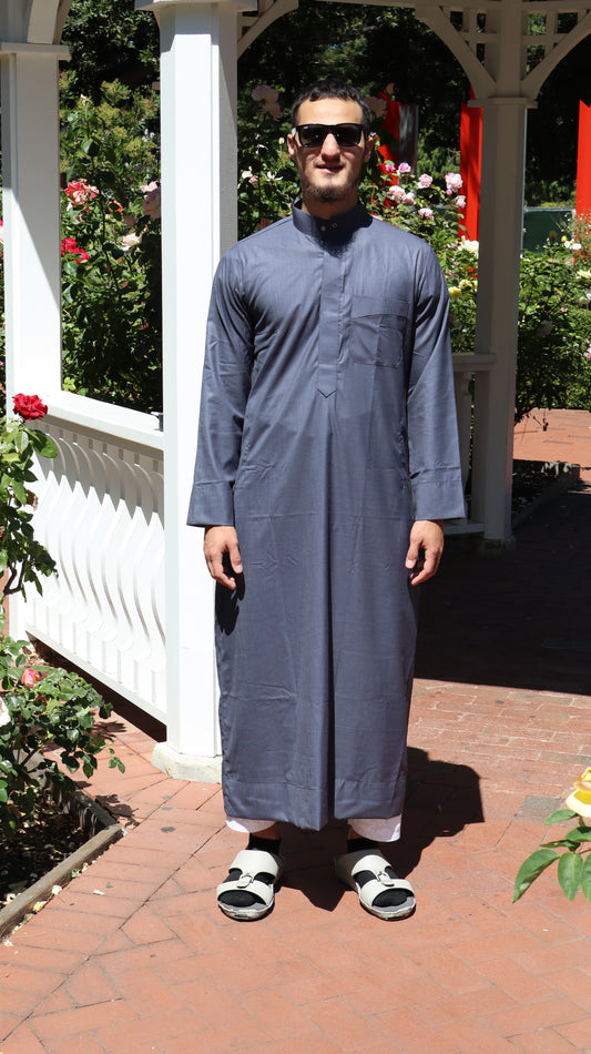 Luxury Gray Thobe for Men – Emirati-Style Jubba with Mandarin Collar | Ideal for Eid, Jumu’ah, Weddings, Events & Islamic Wear