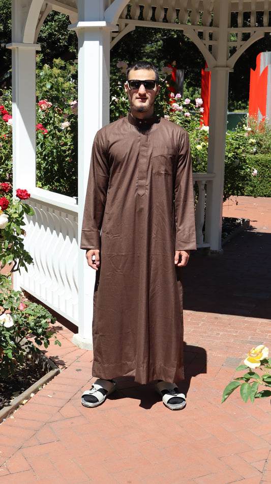 Premium Brown Thobe for Men – Emirati-Style Jubba with Mandarin Collar | Ideal for Eid, Jumu’ah, Nikah, Events & Islamic Wear